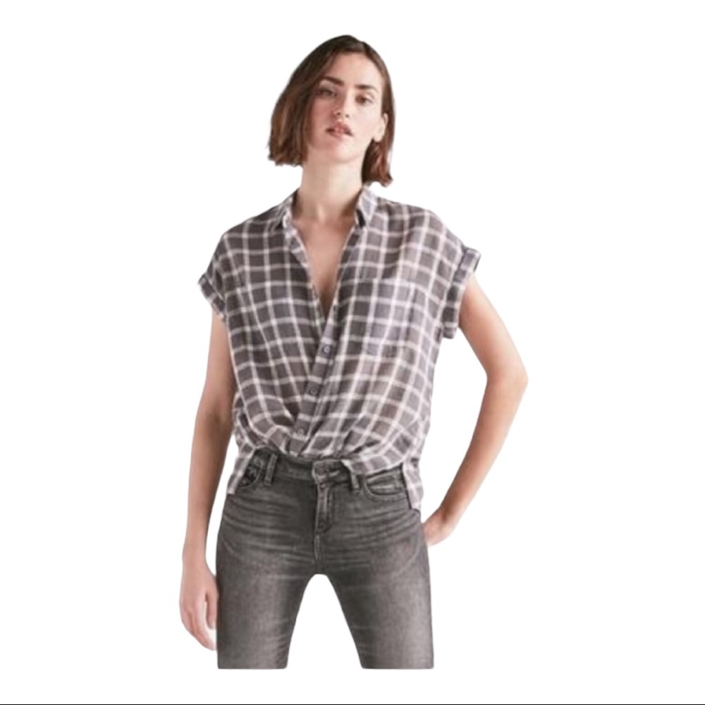 Lucky Brand Size Medium Grey Checkered Split Back Shirt